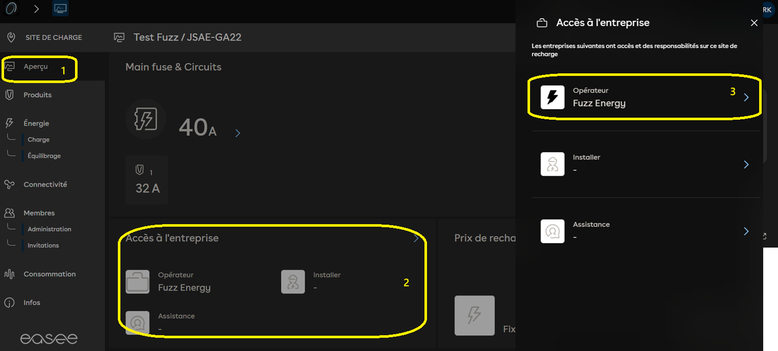 modifier l'opérateur des bornes de recharge du site