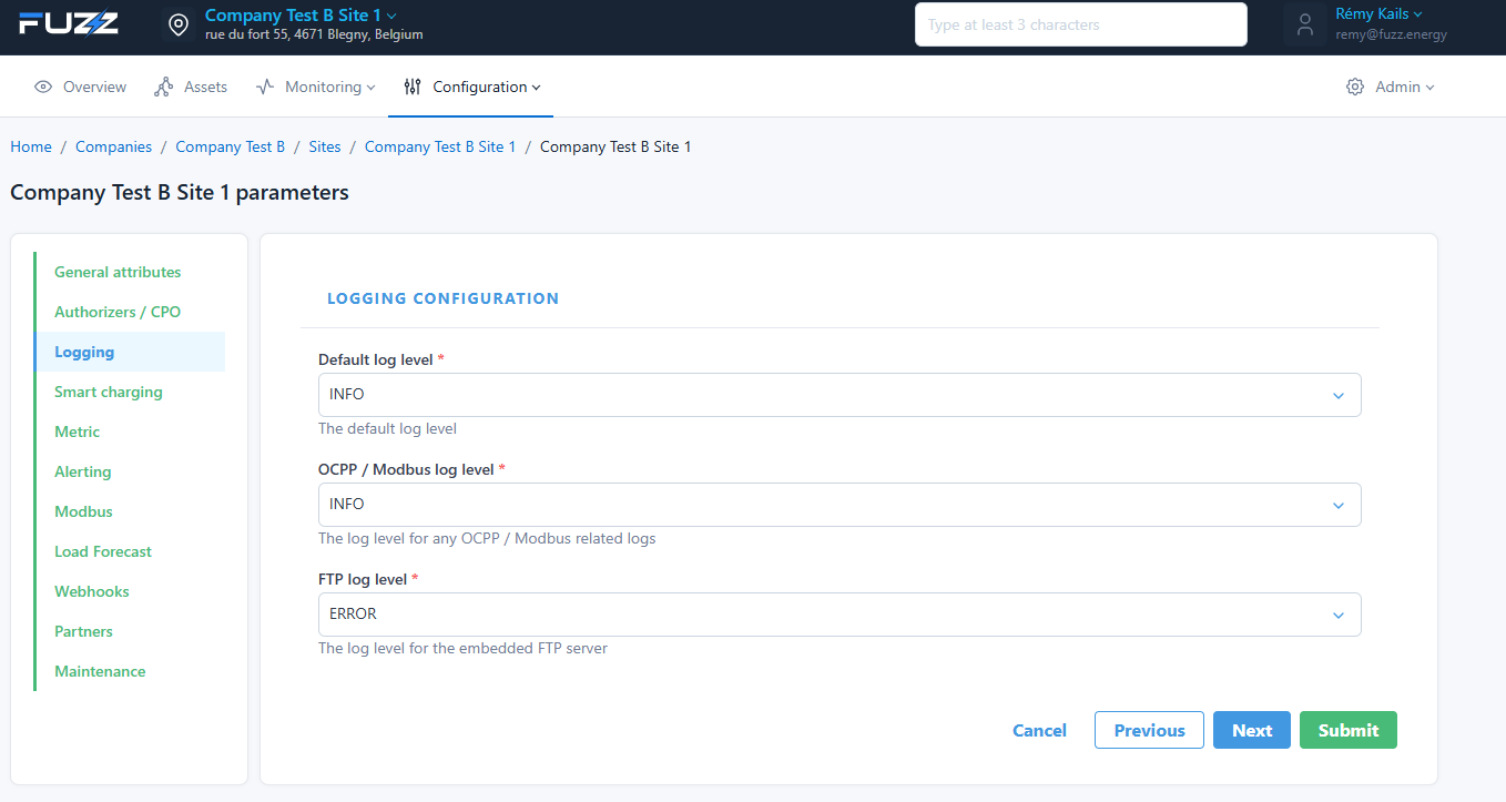 Configuration du site : Configuration du niveau de log