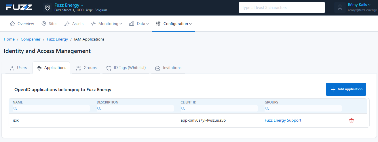 Configuration of applications that can access the console APIs (Izix application configured)