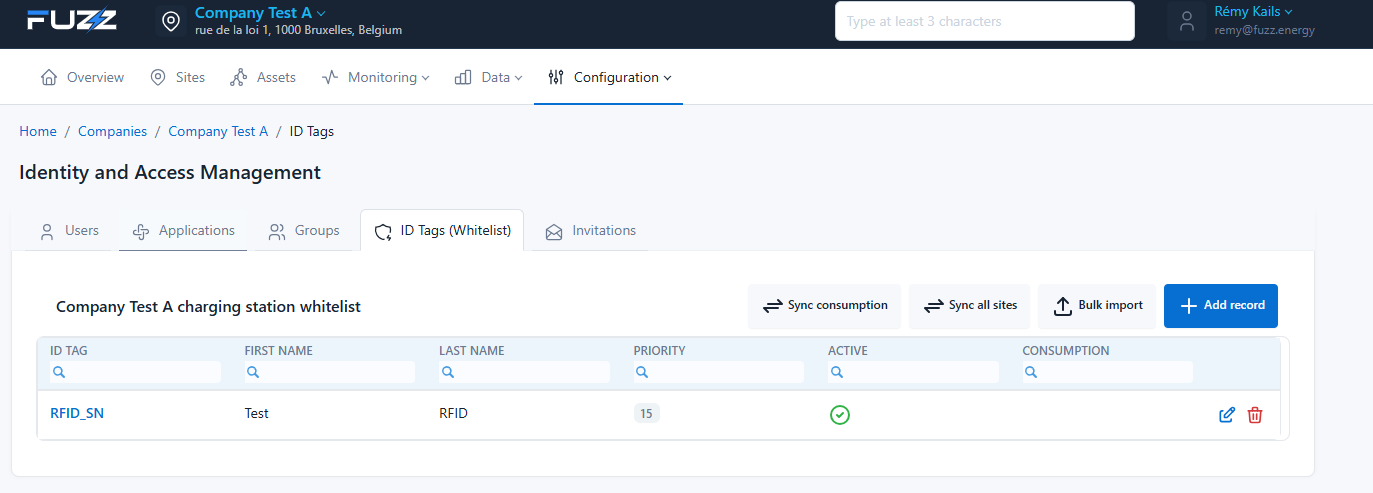 Company badge list: whitelist (single badge configured)