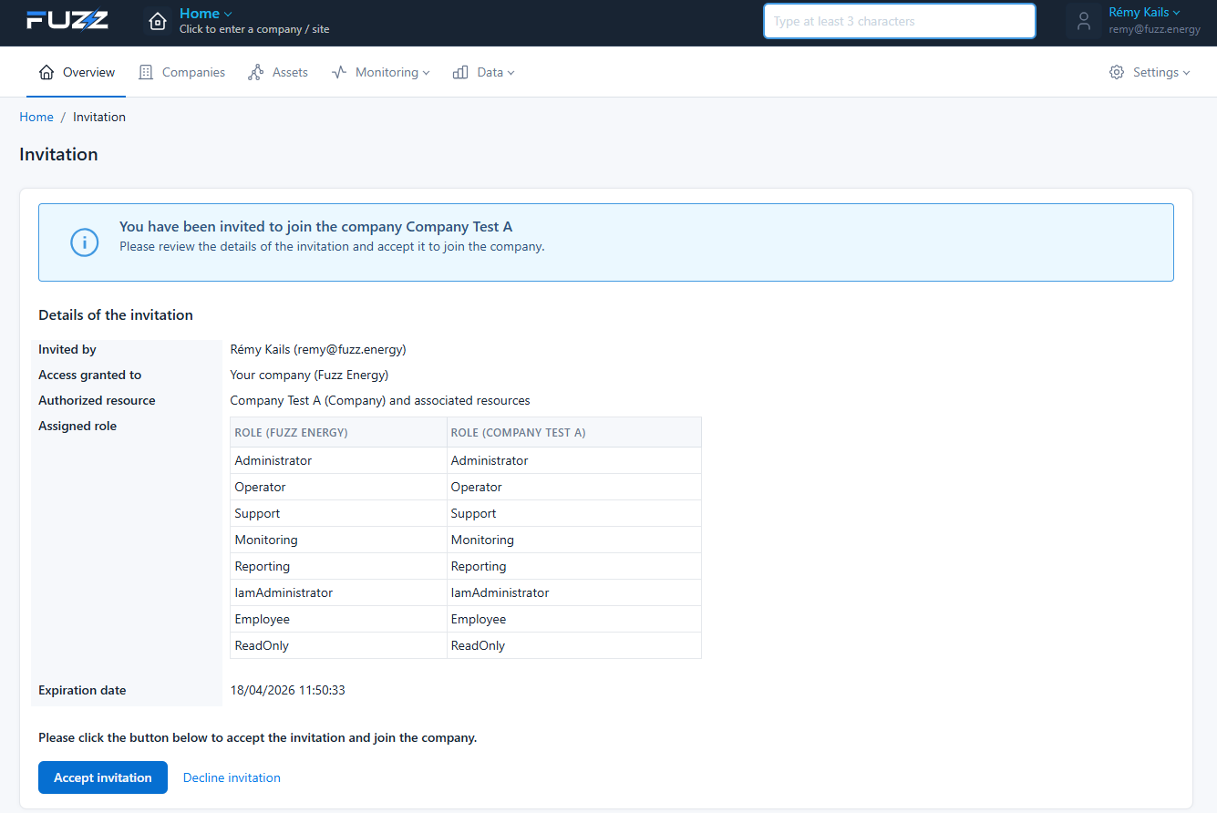 Invitation received by an external user: invitation detail and accept/decline choice