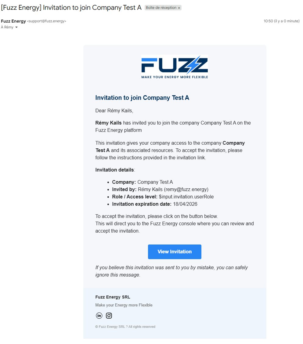 Invitation email sent to an external user