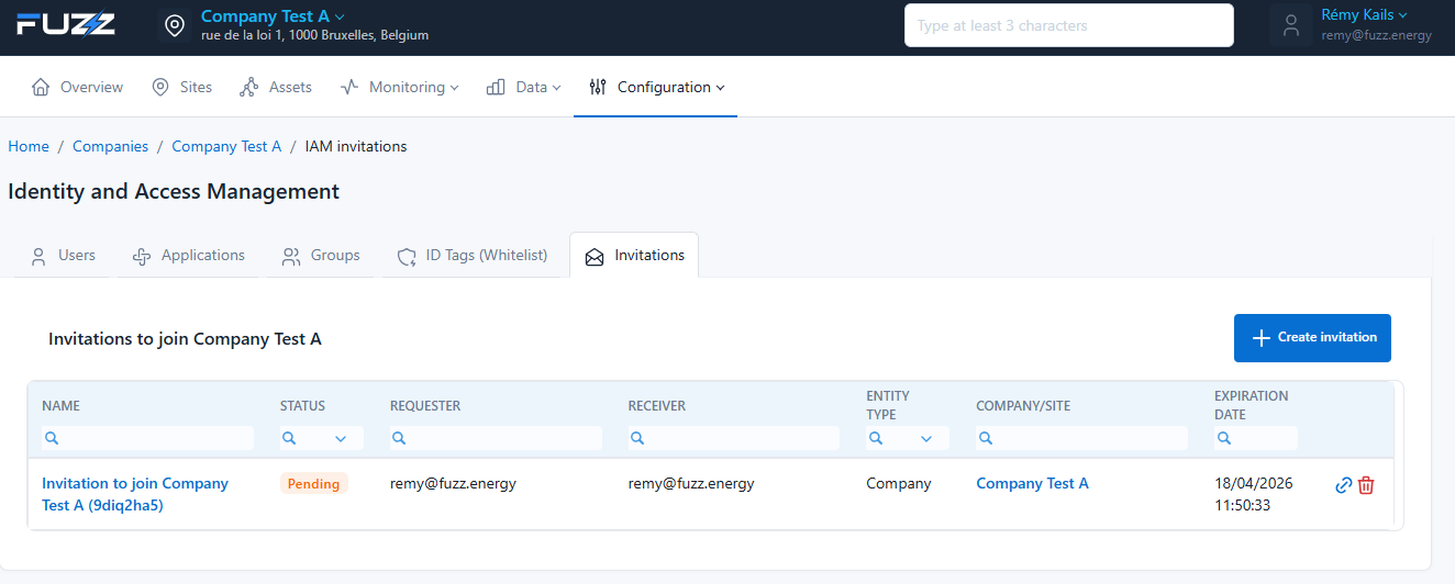 Inviting an external user to the company: invitation list (invitation pending)