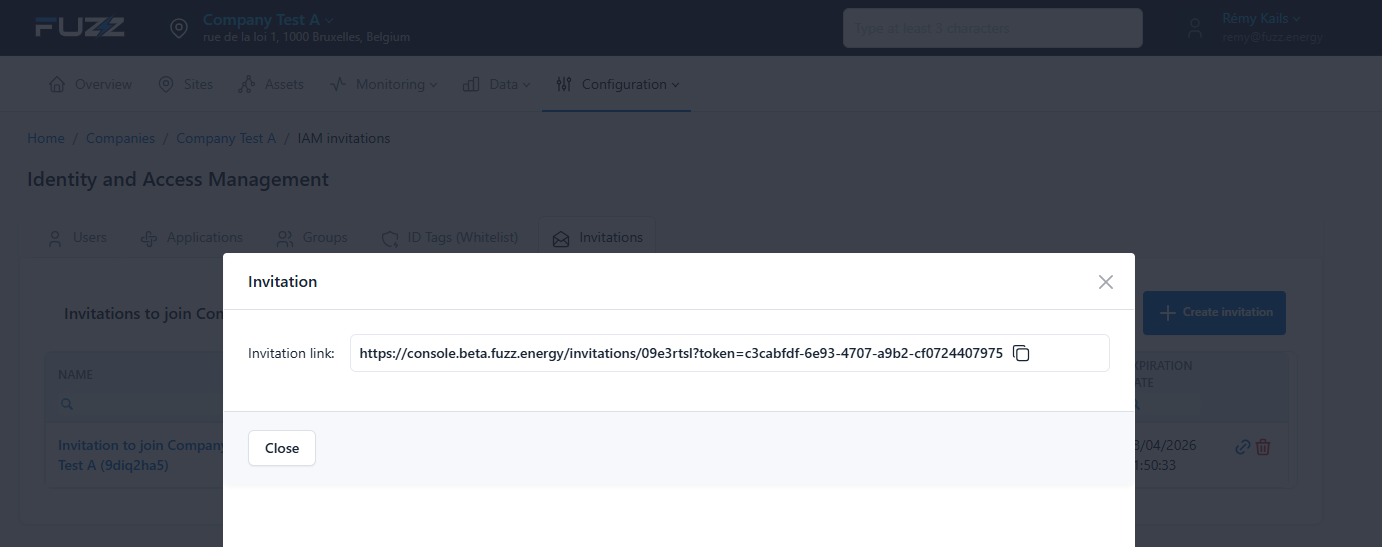 Inviting an external user to the company: link to the invitation (same as the email)