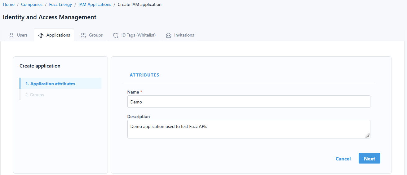 Create Application step 1
