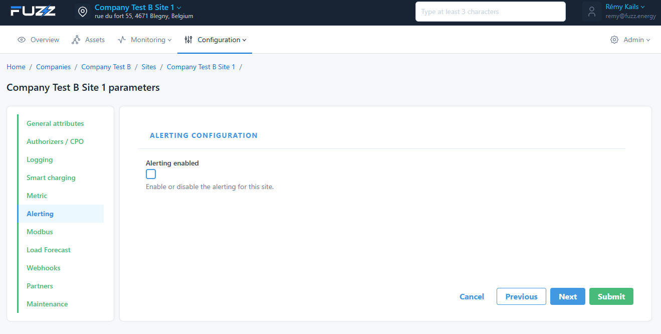 Site configuration: alerting activation