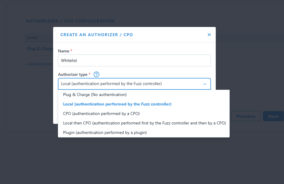 Site configuration: CPO configuration (authorization type choice: plug&amp;charge, Local, OCPP, LocalThenCPO, Plugin, ...)