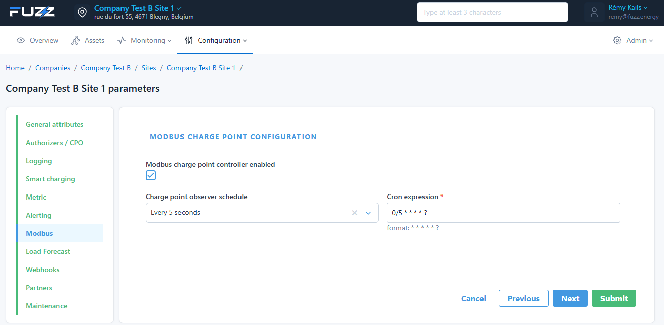 Site configuration: activation of charge point status reading via Modbus