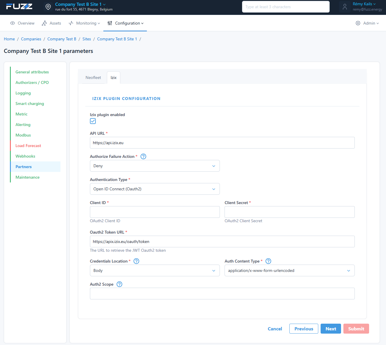 Site configuration: Izix partner integration