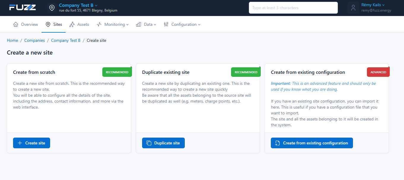 Choosing the site creation method: create from scratch, duplicate an existing site, or advanced configuration (via JSON import)