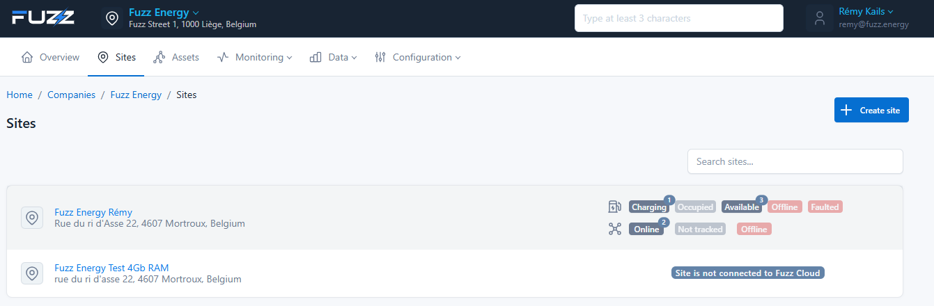 Company site list (and new site creation button)